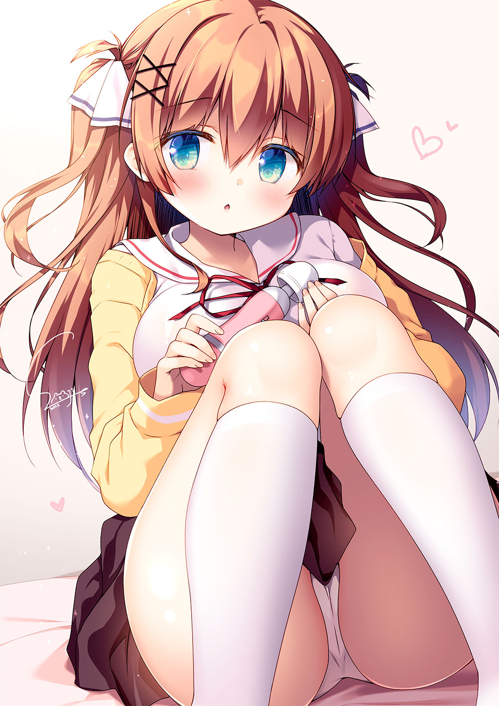 1girl bangs blue_eyes blush breasts brown_hair commentary_request hair_between_eyes hair_ornament hairclip heart highres hitachi_magic_wand holding holding_sex_toy kneehighs large_breasts long_hair long_sleeves looking_at_viewer original panties parted_lips sasai_saji sex_toy signature sitting socks solo thighs two_side_up underwear vibrator white_panties white_socks x_hair_ornament