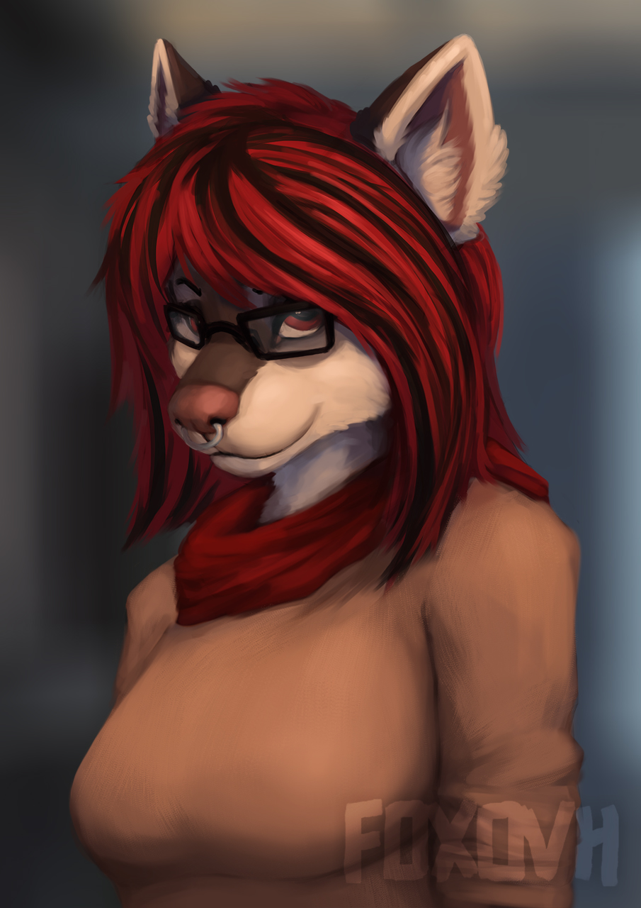 2019 anthro artist_name black_eyewear black_glasses black_hair breasts brown_body brown_fur canid canine clothed clothing countershade_face countershade_fur countershading digital_media_(artwork) digital_painting_(artwork) english_description eyewear facial_piercing female foxovh fur glasses hair hi_res inner_ear_fluff looking_at_viewer mammal mixi_elkhound multicolored_hair nose_piercing piercing pink_nose red_eyes red_hair septum_piercing shaded solo tuft two_tone_hair white_body white_fur