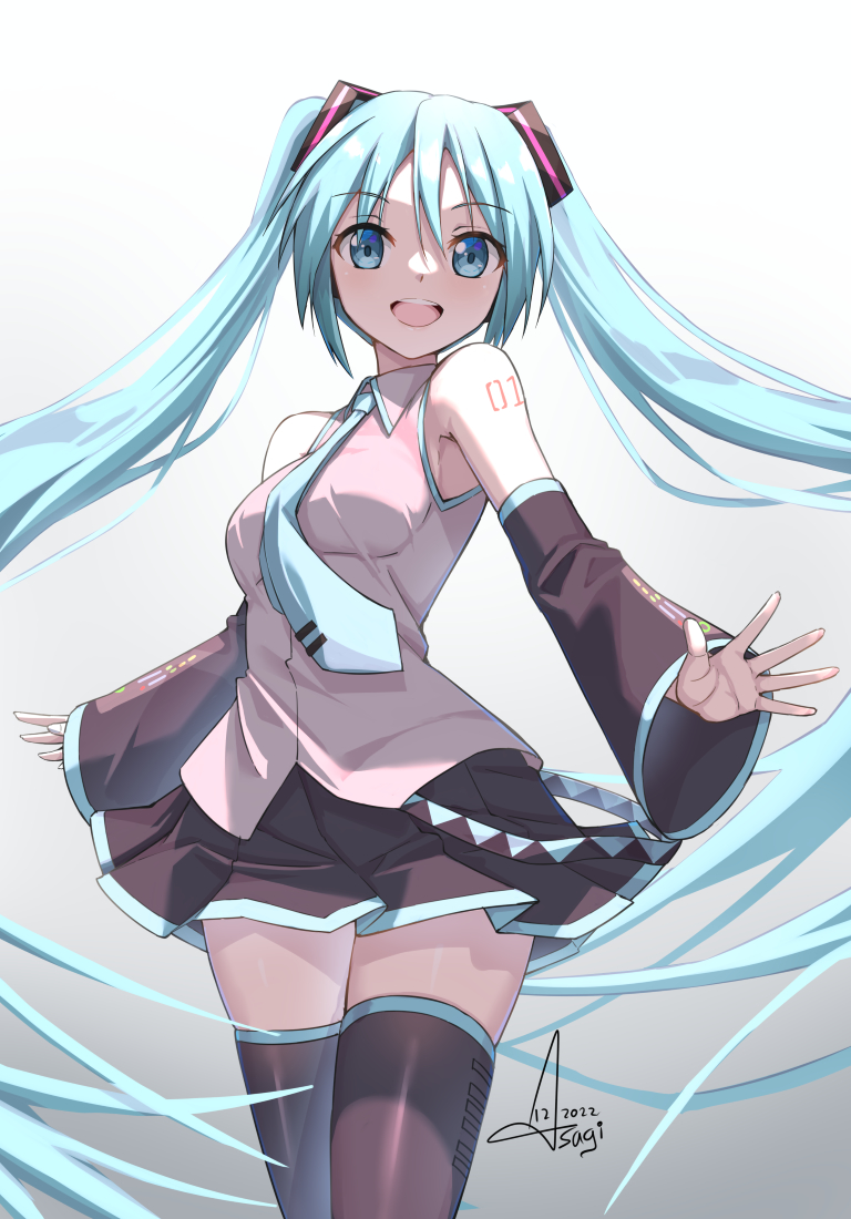 1girl 2022 :d as4gi bangs black_skirt black_sleeves black_thighhighs blue_eyes blue_hair blue_necktie collared_shirt detached_sleeves dress_shirt floating_hair gradient gradient_background grey_background grey_shirt hair_between_eyes hair_ornament hatsune_miku long_hair long_sleeves looking_at_viewer miniskirt necktie open_mouth pleated_skirt shirt signature skirt sleeveless sleeveless_shirt smile solo standing thighhighs twintails very_long_hair vocaloid wing_collar zettai_ryouiki