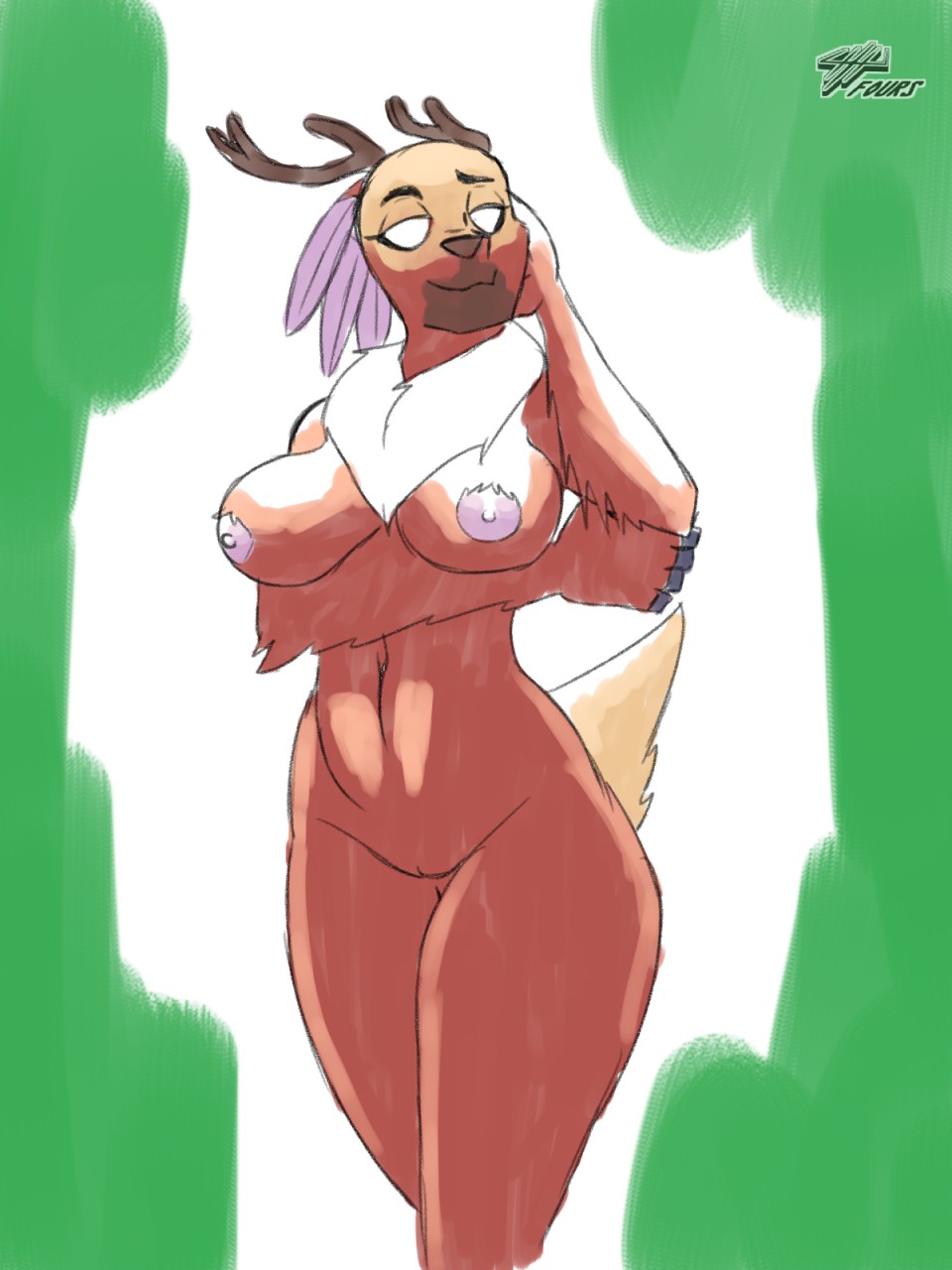 2019 anthro breast_rest breasts brown_body brown_fur colored_sketch deer empty_eyes female fours_(artist) fur genitals gwen_(spiritfarer) hand_on_face hi_res looking_at_viewer mammal nipples nude nude_anthro nude_female portrait pussy sketch solo spiritfarer standing three-quarter_portrait thunder_lotus_games white_eyes