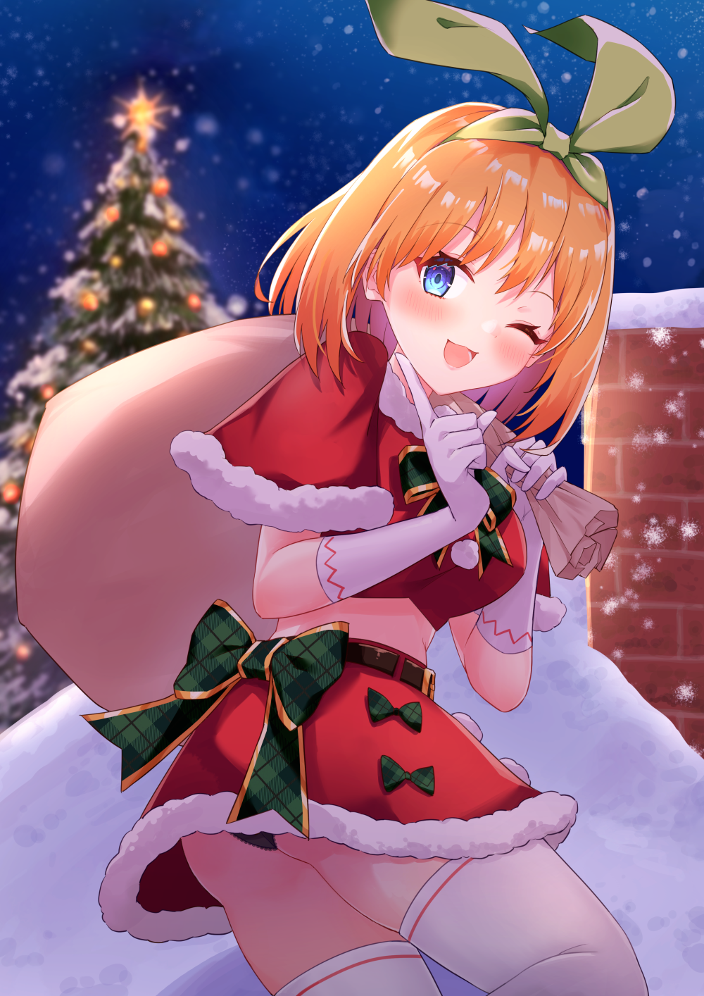 1girl ;3 ass back_bow bag bangs belt beltskirt black_belt black_panties blush bow bowtie breasts chimney christmas christmas_tree crop_top english_commentary eyelashes fur-trimmed_collar fur-trimmed_skirt fur-trimmed_sleeves fur_trim gift_bag gloves go-toubun_no_hanayome green_bow green_bowtie green_hairband green_headwear hairband happy head_tilt highres holding holding_bag index_finger_raised large_breasts looking_at_viewer medium_hair midriff miniskirt nakano_yotsuba night on_roof one_eye_closed open_mouth orange_hair outdoors panties panty_peek plaid plaid_bow pom_pom_(clothes) profnote red_crop_top red_skirt santa_costume short_sleeves sidelocks skirt sky smile snow snowing solo standing star_(sky) star_(symbol) starry_sky straight_hair thighhighs thighs underwear white_gloves white_thighhighs zettai_ryouiki