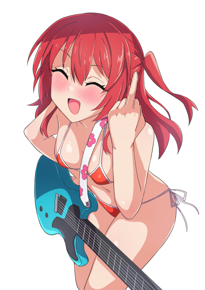 1girl bangs bikini bocchi_the_rock! breasts censored closed_eyes electric_guitar guitar hair_between_eyes instrument ka-9 kita_ikuyo long_hair looking_at_viewer micro_bikini middle_finger mosaic_censoring navel one_side_up red_hair shiny_hair shiny_skin simple_background small_breasts solo standing swimsuit white_background