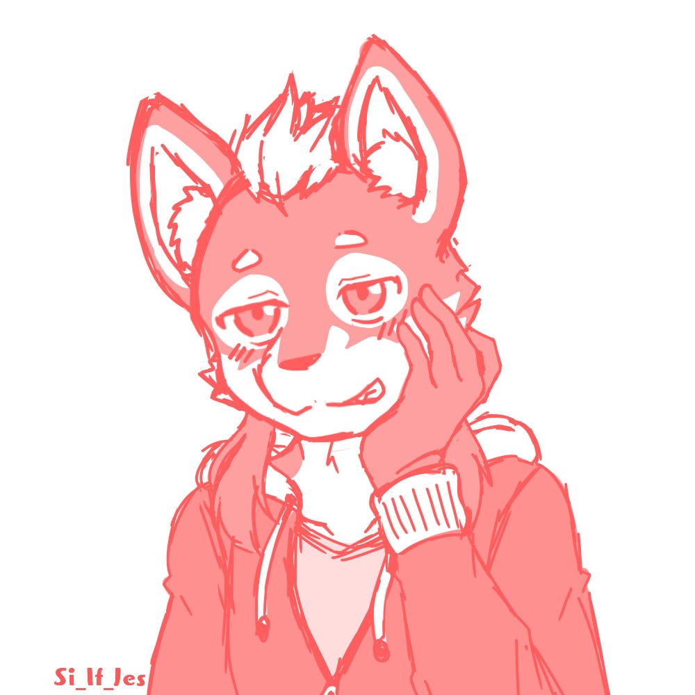 anthro baion_urushi blush blush_lines canid canine casual_clothing clothing hair hand_on_cheek inner_ear_fluff kemono male mammal medium_hair multicolored_body si_if_jes simple_background sketch smile solo tuft two_tone_body utau white_hair