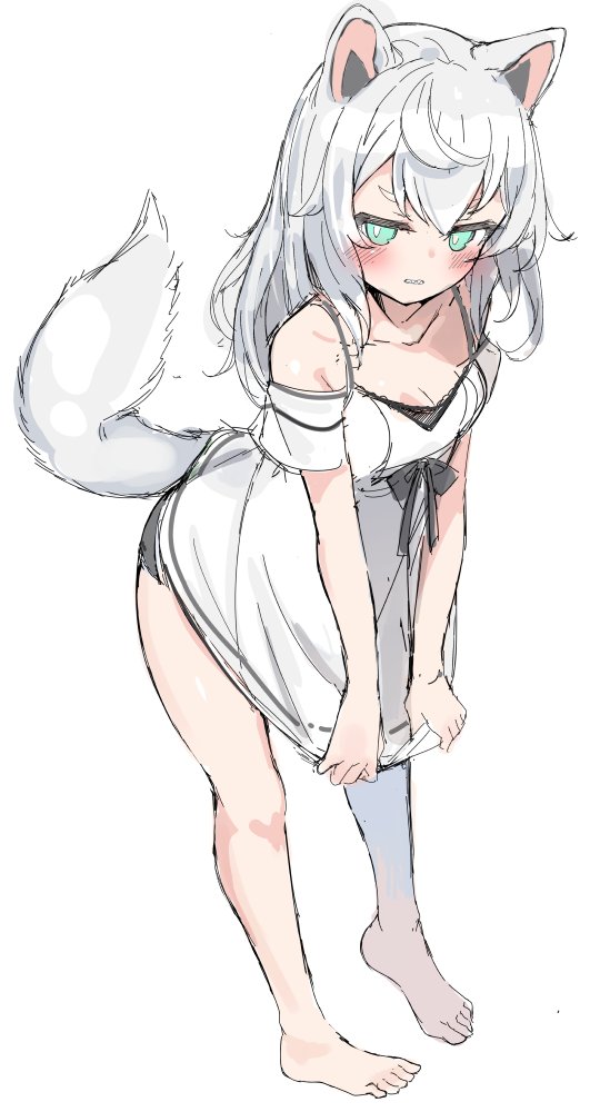 1girl angry animal_ears bare_legs bare_shoulders barefoot black_panties breasts clenched_teeth commission dog_ears dog_girl dog_tail dress dress_tug green_eyes long_hair looking_at_viewer medium_breasts original otokuyou panties short_sleeves skeb_commission sketch tail teeth underwear unfinished v-shaped_eyebrows white_dress white_hair