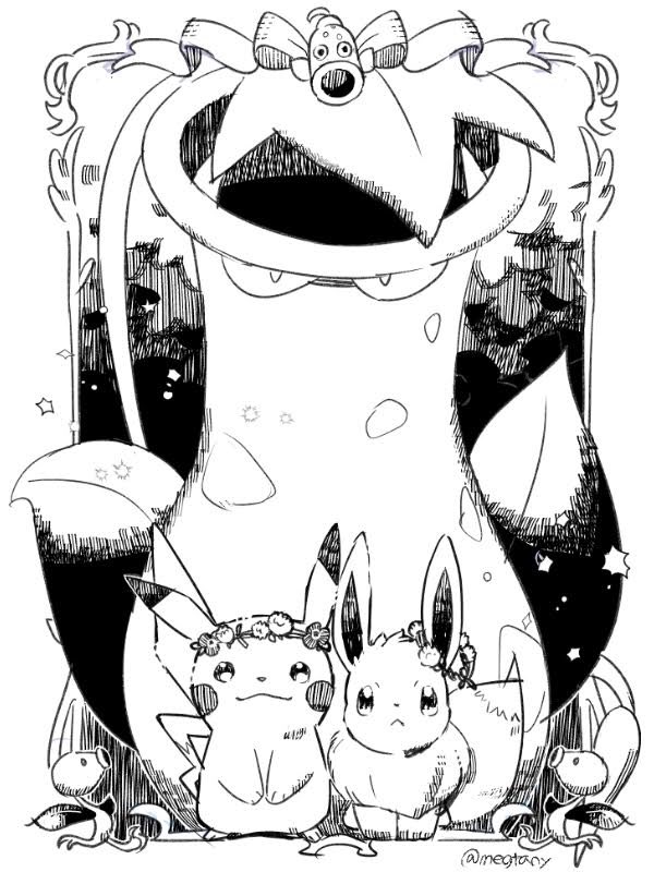 :&lt; bellsprout eevee evolutionary_line fangs flower greyscale head_wreath leaf looking_at_viewer mizutani_megumi monochrome no_humans pikachu plant pokemon pokemon_(creature) simple_background smile straight-on twitter_username victreebel vines weepinbell white_background