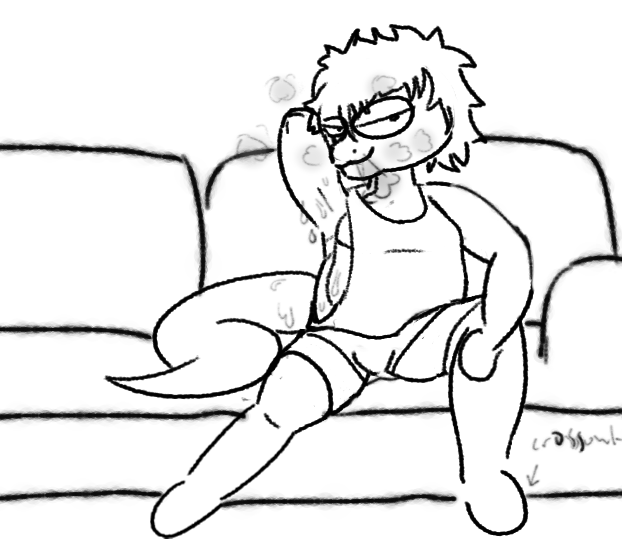 anthro armpit_fetish baggy_clothing bedroom_eyes ben_murtox bodily_fluids clothing furniture hair legwear looking_at_viewer male messy_hair narrowed_eyes pose scalie seductive shirt slightly_chubby sofa solo stockings sweat sweatdrop topwear