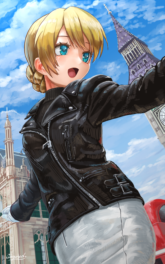 1girl :d abazu-red black_jacket black_sweater blonde_hair blue_eyes blue_sky braid cloud darjeeling_(girls_und_panzer) day girls_und_panzer jacket long_sleeves open_mouth outdoors shiny_hair short_hair skirt sky smile solo standing sweater turtleneck turtleneck_sweater white_skirt