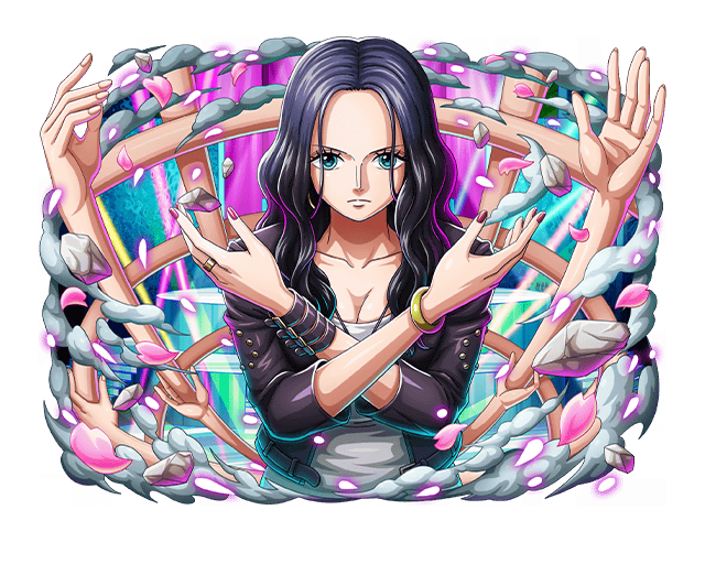 1girl armlet black_hair blue_eyes bracelet breasts cleavage closed_mouth jewelry long_hair looking_at_viewer nico_robin non-web_source one_piece one_piece_treasure_cruise ring solo solo_focus