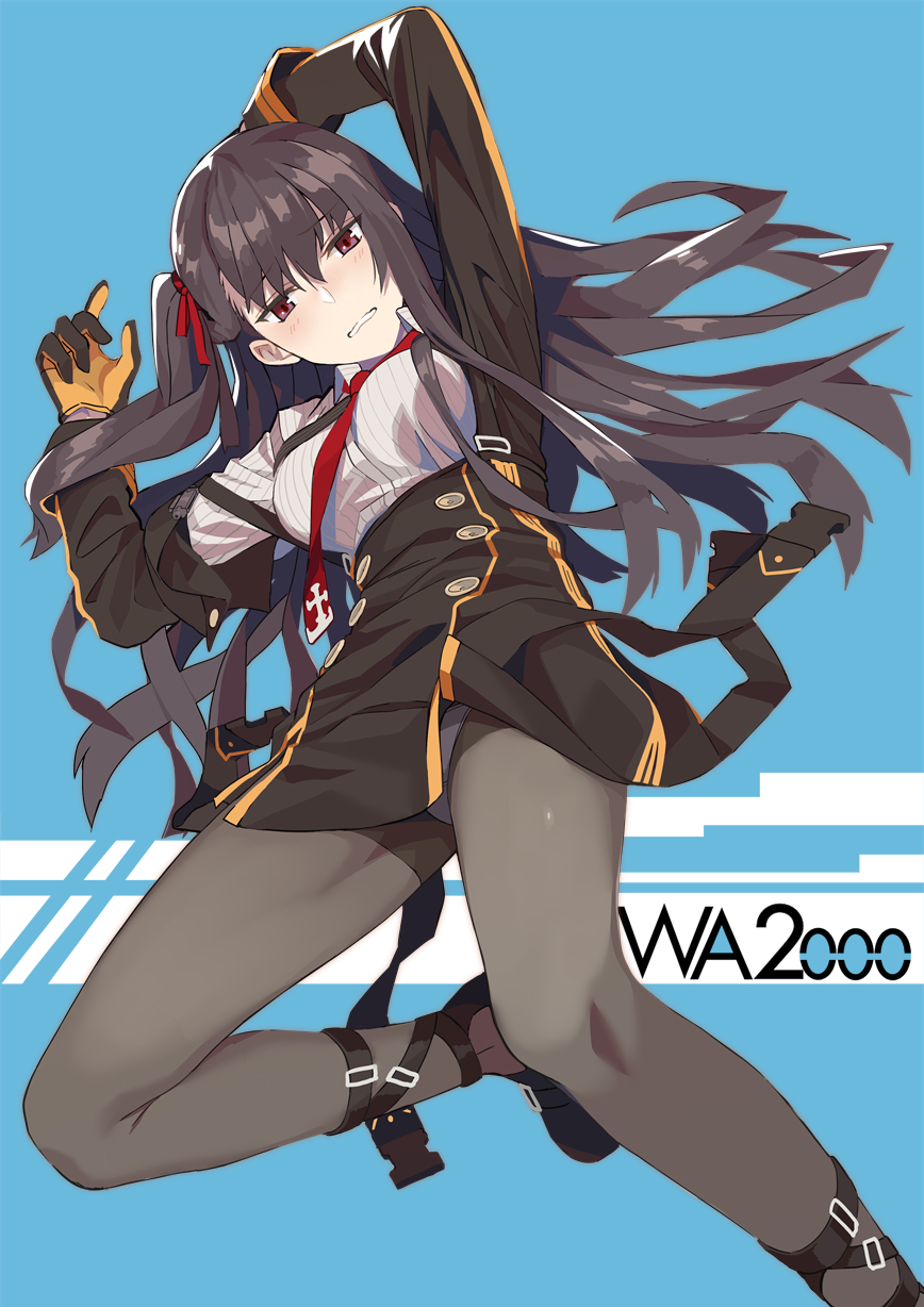 1girl arms_up bangs black_pantyhose black_skirt blazer blue_background blush breasts buckle collared_shirt commentary_request duplicate girls'_frontline half_updo head_tilt highres jacket large_breasts long_hair looking_at_viewer lying necktie ningen_(ningen96) on_back one_side_up panties panties_under_pantyhose pantyhose parted_lips pixel-perfect_duplicate purple_hair red_eyes red_necktie ribbon shirt shoes skirt solo underwear very_long_hair wa2000_(girls'_frontline) white_shirt