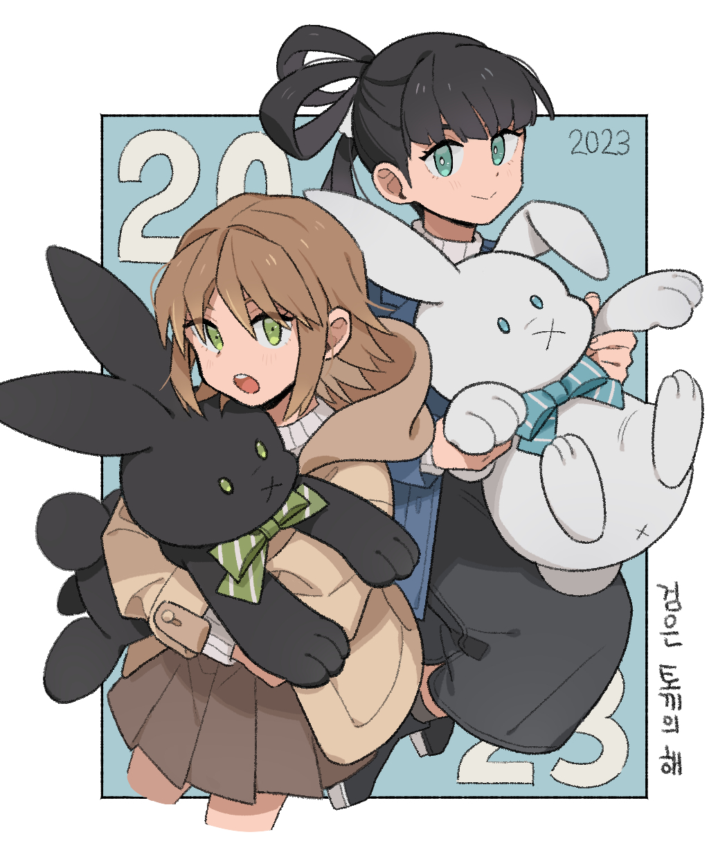 2023 2girls :o ankle_boots aqua_eyes bangs black_footwear black_hair black_skirt blue_background blue_bow blue_bowtie boots bow bowtie brown_hair brown_jacket brown_skirt chinese_zodiac closed_mouth commentary cropped_legs green_bow green_bowtie green_eyes hair_rings highres holding holding_stuffed_toy hood hood_down hooded_jacket jacket jumping kagami_rin korean_commentary korean_text long_hair long_skirt looking_at_viewer miniskirt multiple_girls nana_0253 object_hug open_mouth osano_rui outside_border pencil_skirt pleated_skirt short_hair skirt smile stuffed_animal stuffed_bunny stuffed_toy sweater turtleneck turtleneck_sweater white_sweater world_trigger year_of_the_rabbit