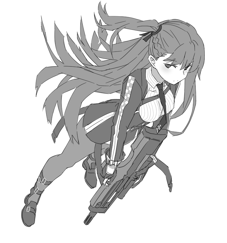 black_pantyhose bullpup girls'_frontline greyscale gun looking_at_viewer monochrome necktie ningen_(ningen96) panties panties_under_pantyhose pantyhose rifle shirt simple_background sniper_rifle underwear wa2000_(girls'_frontline) walther walther_wa_2000 weapon white_background white_shirt