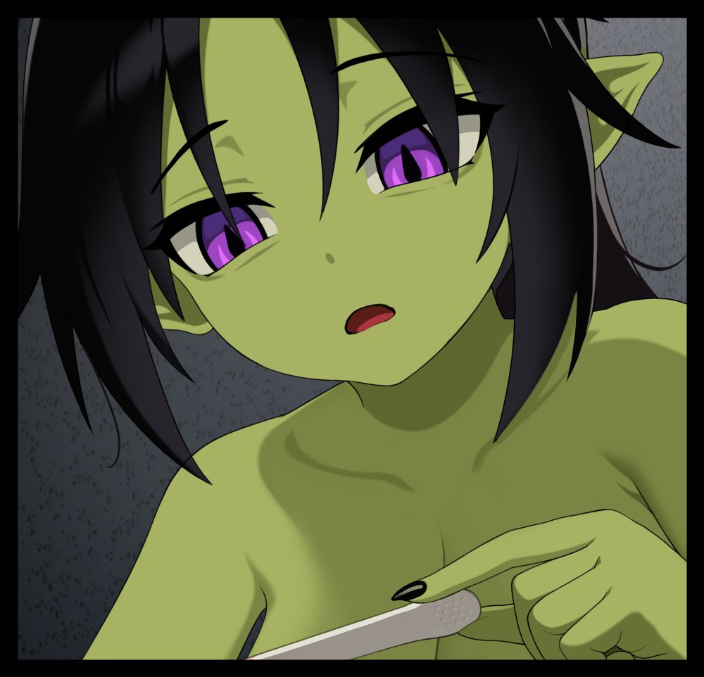 bags_under_eyes big_breasts black_hair black_nails breasts colored_nails digital_media_(artwork) female goblin green_body green_skin grimgrim hair huge_breasts humanoid humanoid_pointy_ears nails not_furry pregnancy_test purple_eyes sharp_nails solo