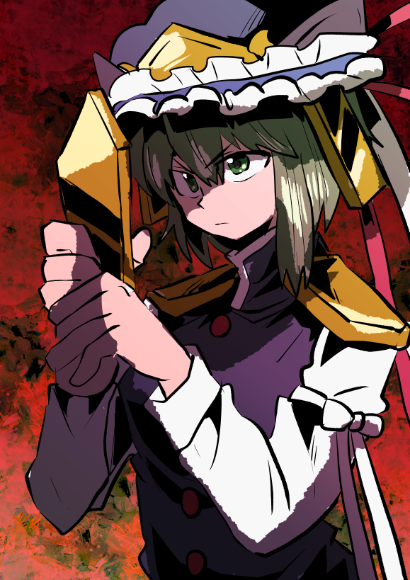 1girl bangs bow breasts buttons closed_mouth commentary_request epaulettes gagamatsu green_eyes green_hair grey_headwear grey_vest hair_between_eyes long_sleeves one-hour_drawing_challenge red_background rod_of_remorse serious shiki_eiki short_hair sleeve_bow small_breasts solo touhou upper_body v-shaped_eyebrows vest white_bow