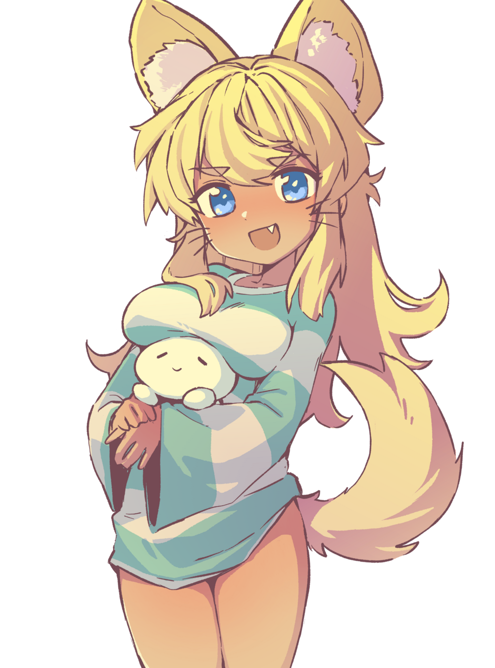 1girl animal_ear_fluff animal_ears aqua_sweater blonde_hair blue_eyes bottomless breast_rest breasts cowboy_shot dark-skinned_female dark_skin doll fang highres holding holding_doll liru long_hair looking_at_viewer medium_breasts open_mouth orenji_(wholesomeorenji) own_hands_together renkin_san-kyuu_magical_pokaan smile solo striped striped_sweater sweater tail white_background wolf_ears wolf_girl wolf_tail