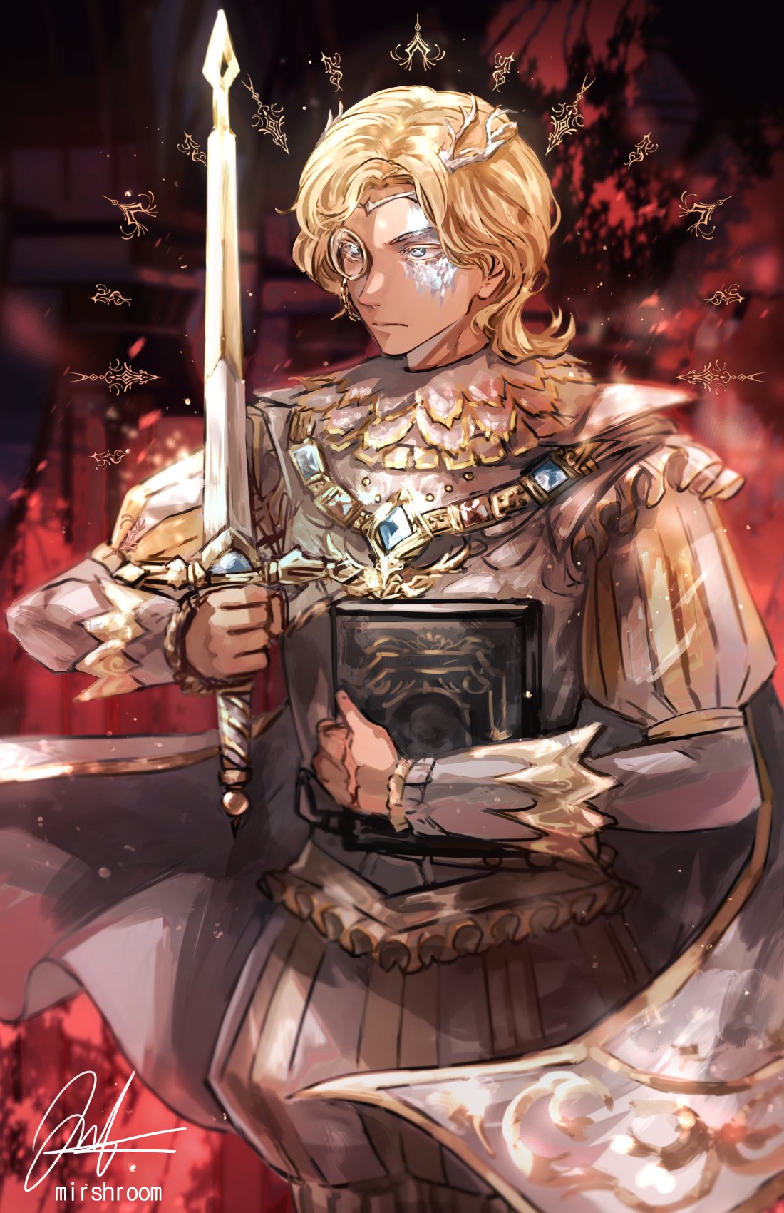 1boy bangs blonde_hair blue_eyes blue_gemstone book cape circlet commentary cowboy_shot cross-shaped_pupils english_commentary fire frills frost gem gold_trim highres holding holding_book holding_sword holding_weapon identity_v juliet_sleeves light_particles long_sleeves looking_ahead male_focus medium_hair mirshroom monocle official_alternate_costume orpheus_(hollow)_(identity_v) orpheus_(identity_v) pants parted_bangs puffy_pants puffy_sleeves pumpkin_pants red_background scar scar_on_hand serious shirt signature sleeve_cuffs solo striped sword symbol-shaped_pupils tunic weapon white_cape white_pants white_shirt white_tunic