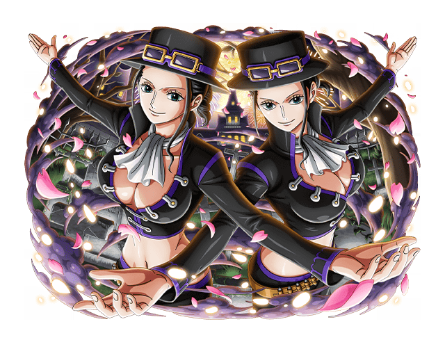 2girls black_hair black_headwear blue_eyes breasts cleavage goggles goggles_on_headwear halloween halloween_costume hat large_breasts long_hair multiple_girls nico_robin official_art one_piece one_piece_treasure_cruise smile top_hat