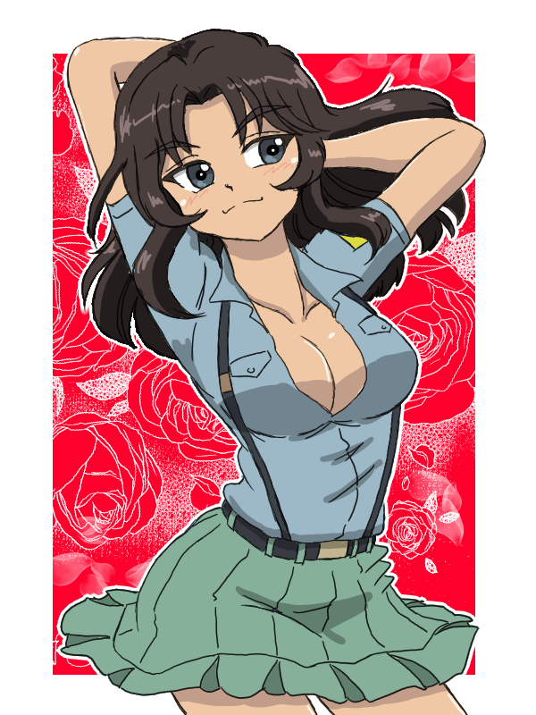 1girl aoshidan_school_uniform arm_behind_head arms_up belt black_belt black_hair blue_eyes blue_shirt breasts cleavage closed_mouth collared_shirt commentary cowboy_shot dark-skinned_female dark_skin el_(girls_und_panzer) flamenco floral_background girls_und_panzer green_skirt hand_in_own_hair long_hair looking_at_viewer medium_breasts miniskirt outline parted_lips partially_unbuttoned red_background school_uniform shirt short_sleeves skirt smile solo standing suspenders takahashi_kurage white_outline