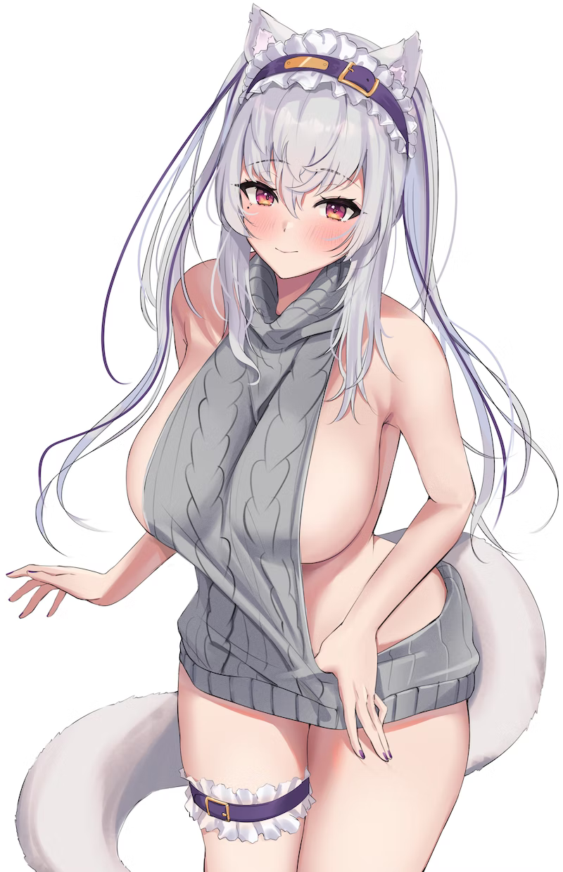 1girl animal_ears breasts character_request closed_mouth commentary_request copyright_name copyright_request eyelashes frilled_hairband frills grey_sweater hair_between_eyes hairband happy highres long_hair looking_at_viewer meme_attire sideboob simple_background smile solo standing sweater tail twintails v_a_i_r virgin_killer_sweater virtual_youtuber white_background