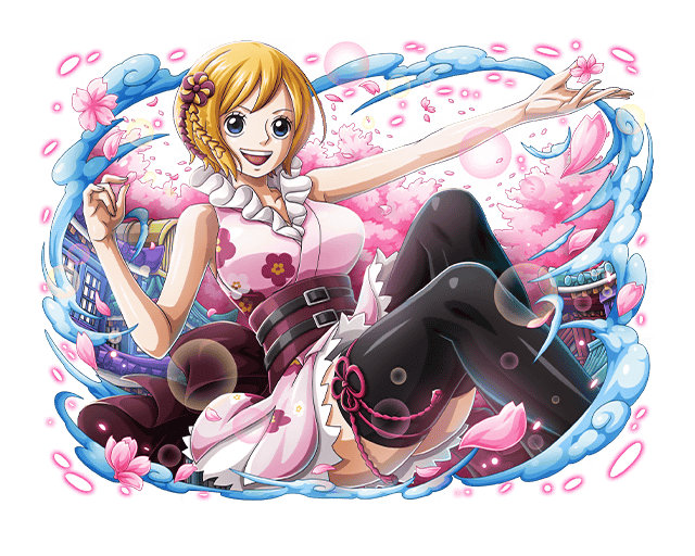 bare_shoulders black_thighhighs blue_eyes cherry_blossoms hair_ornament japanese_clothes koala_(one_piece) medium_hair official_art one_piece one_piece_treasure_cruise open_mouth orange_hair teeth thighhighs upper_teeth_only