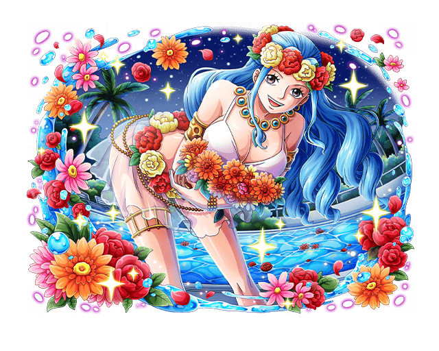 1girl bent_over blue_hair flower hair_flower hair_ornament head_wreath long_hair looking_at_viewer nefertari_vivi official_art one_piece one_piece_treasure_cruise open_mouth orange_flower palm_tree pink_flower red_flower solo solo_focus teeth tree water