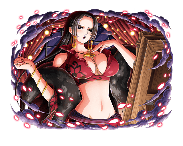 1girl black_hair boa_hancock breasts cleavage earrings hand_on_own_chest jewelry long_hair midriff necklace official_art one_piece one_piece_treasure_cruise open_mouth solo solo_focus teeth upper_teeth_only