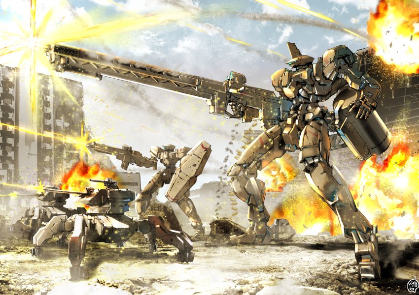 blue_eyes cloud explosion firing glowing glowing_eye gun holding holding_gun holding_shield holding_weapon ishiguchi_juu mecha motion_blur no_humans one-eyed original robot science_fiction shell_casing shield sky standing walker war weapon