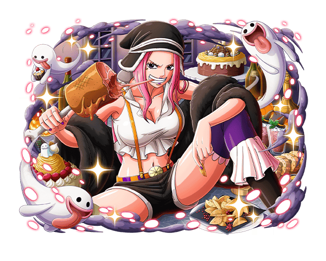 1girl boned_meat cake cherry cupcake eating food fruit ghost hat holding holding_food jewelry_bonney meat official_art one_piece one_piece_treasure_cruise pink_hair teeth