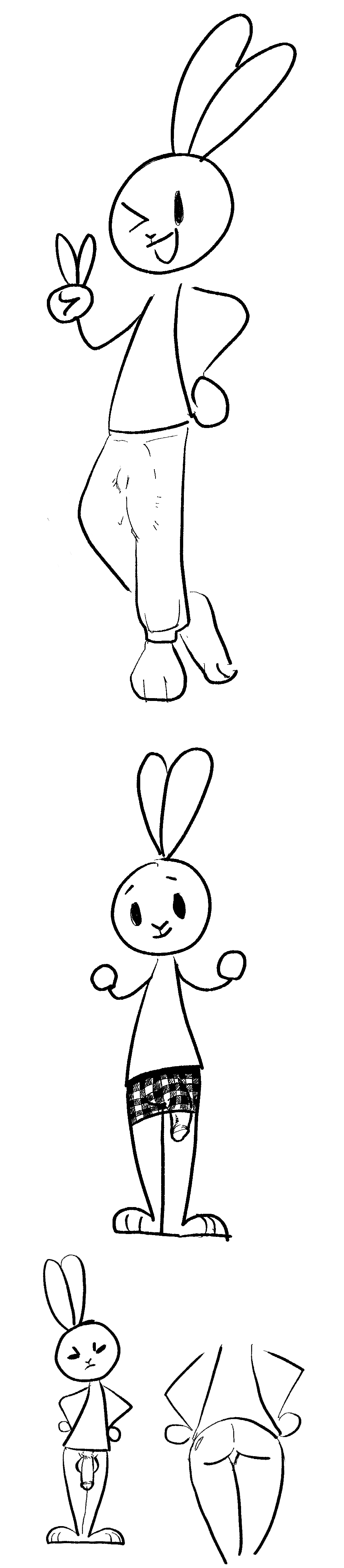 4chan absurd_res anonymous_artist anthro big_penis bottomwear bulge butt clothing flaccid genitals happy hi_res humanoid lagomorph leporid long_image male mammal monochrome pants penis rabbit save_the_princess solo tall_image underwear undressing