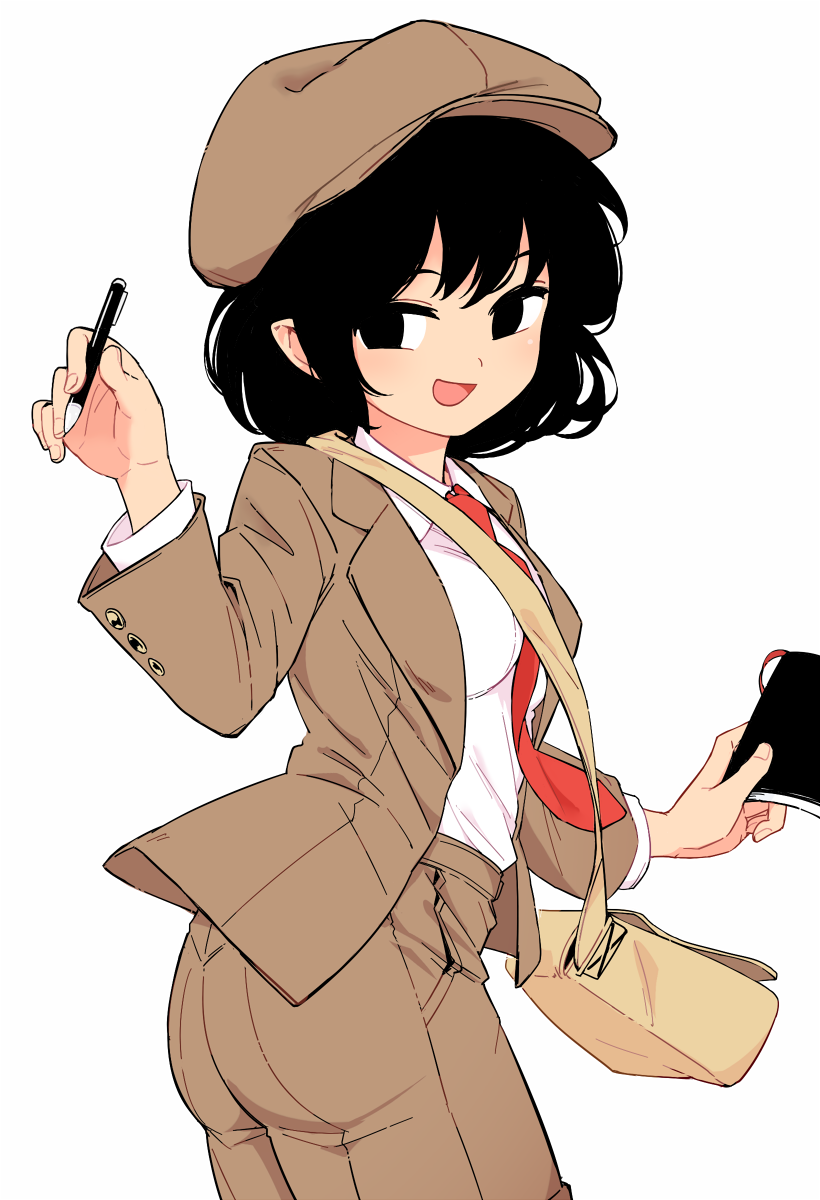 1girl black_hair blush brown_headwear brown_pants collared_shirt cowboy_shot hair_between_eyes hat highres holding holding_pen long_sleeves maguro_(mawaru_sushi) necktie official_alternate_costume open_clothes open_mouth pants pen red_necktie shameimaru_aya shameimaru_aya_(newsboy) shirt short_hair simple_background smile solo touhou white_background white_shirt