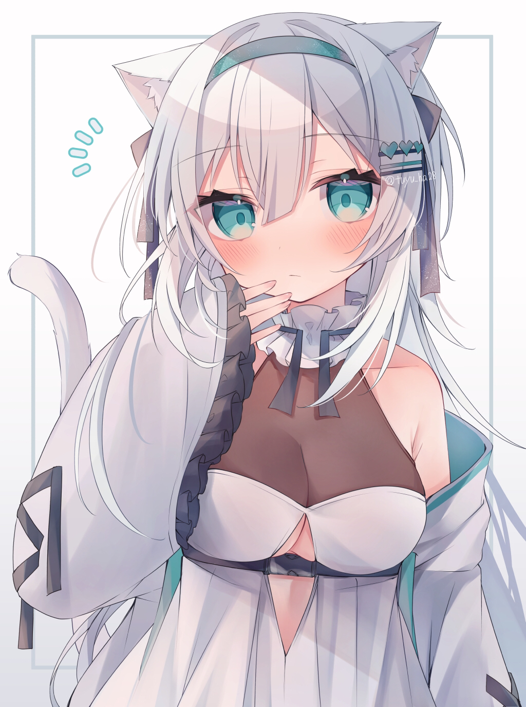 1girl animal_ears aqua_eyes aqua_hairband bangs bare_shoulders blush breasts cat_ears cat_girl cat_tail cleavage closed_mouth collarbone commentary_request dress frilled_sleeves frills gradient gradient_background grey_background grey_hair hair_between_eyes hair_ornament hairband hairclip heart heart_hair_ornament highres long_hair long_sleeves looking_at_viewer medium_breasts notice_lines original ringouulu sleeves_past_wrists solo tail tail_raised twitter_username very_long_hair white_background white_dress wide_sleeves