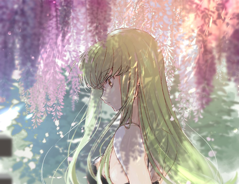 1girl blurry blurry_foreground brown_eyes c.c. closed_mouth code_geass creayus dappled_sunlight flower green_hair long_hair petals profile purple_flower solo straight_hair sunlight upper_body wisteria