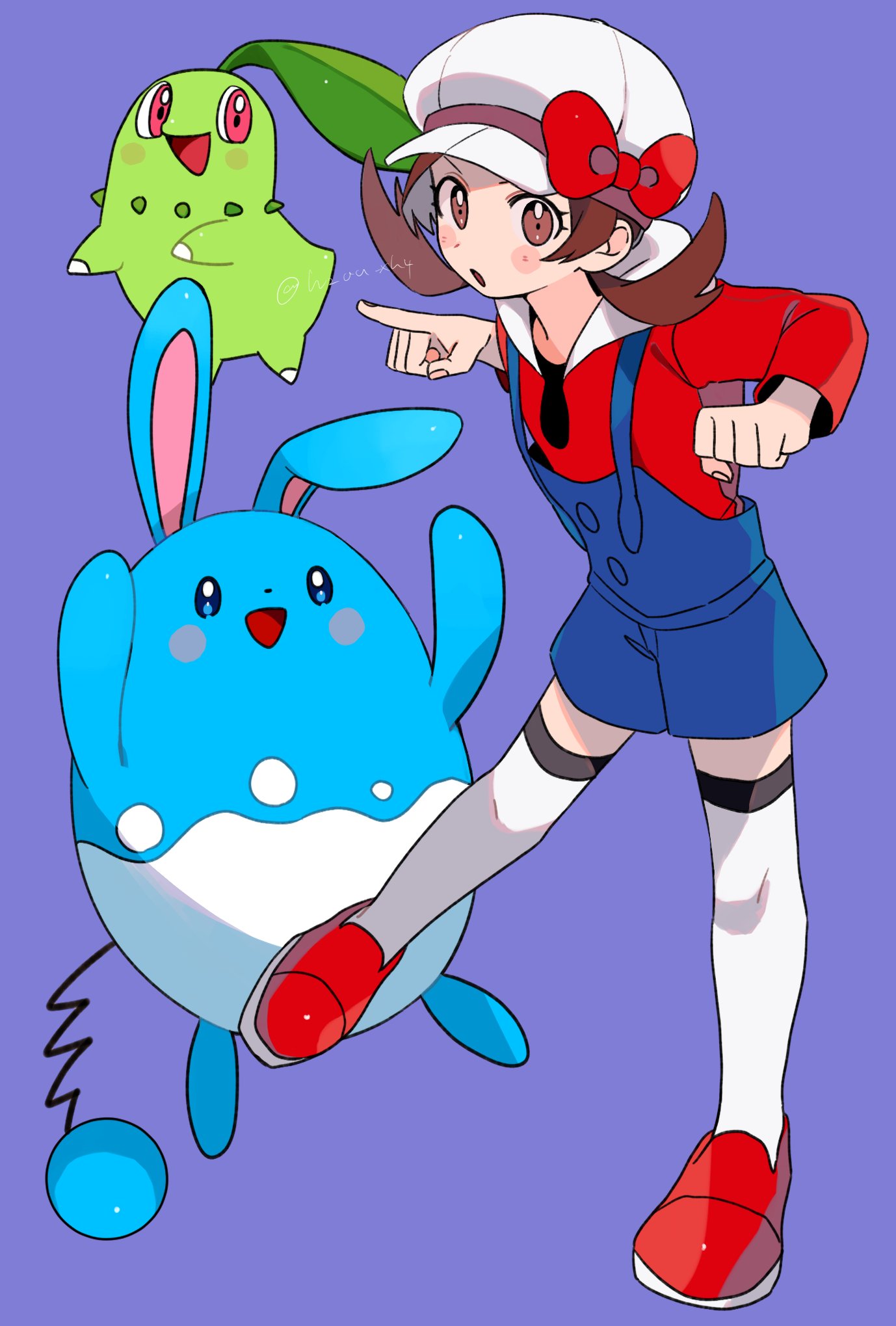 1girl azumarill blue_overalls blush_stickers bow brown_eyes brown_hair cabbie_hat chikorita clenched_hand hat hat_bow highres long_hair lyra_(pokemon) momotose_(hzuu_xh4) overalls pokemon pokemon_(creature) pokemon_(game) pokemon_hgss purple_background red_bow red_footwear red_shirt shirt shoes simple_background thighhighs twintails twitter_username watermark white_headwear