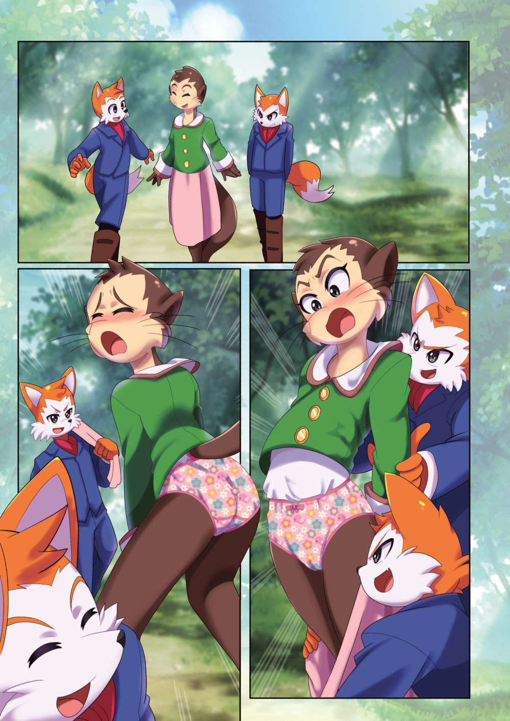 2021 3_panel_comic anthro assisted_exposure biped blue_bottomwear blue_clothing blue_pants blush bottomwear brown_body brown_fur canid canine childish_panties clothing clothing_removed clothing_theft colored_edge_panties comic embarrassed euf-dreamer exposed_panties female floral_pattern floral_pattern_panties floral_pattern_underwear flower_panties forest fox fur green_clothing green_shirt green_topwear group hi_res humiliation male mammal mustelid orange_body orange_fur otter ottoline_otter panties pants pattern_bottomwear pattern_clothing pattern_panties pattern_underwear pink_bottomwear pink_clothing pink_panties pink_skirt pink_underwear plant public public_exposure public_humiliation shirt skirt skirt_removed skirt_theft tail topwear tree trio underwear walking
