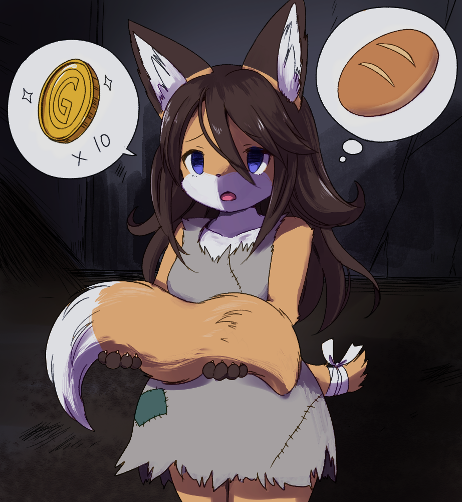 alley anthro bandage begging black_hair blue_eyes bread canid canine clothed clothing coin female food fox fur gold_(metal) gold_coin hair hair_between_eyes homeless kemono kemoribbon long_hair mammal money open_mouth severed_tail solo speech_bubble thought_bubble young