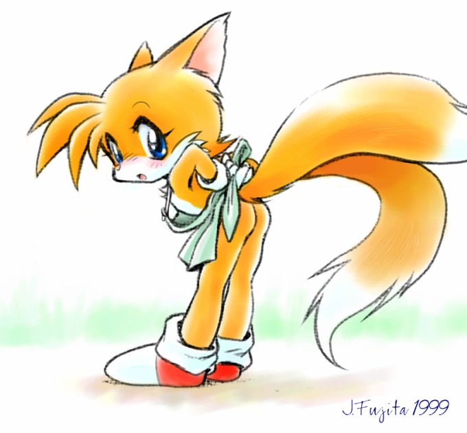 1boy apron ass blonde_hair blue_eyes blush footwear fox full_body furry j-fujita male_focus miles_prower multiple_tails shoes socks solo sonic_the_hedgehog tail trap two_tails