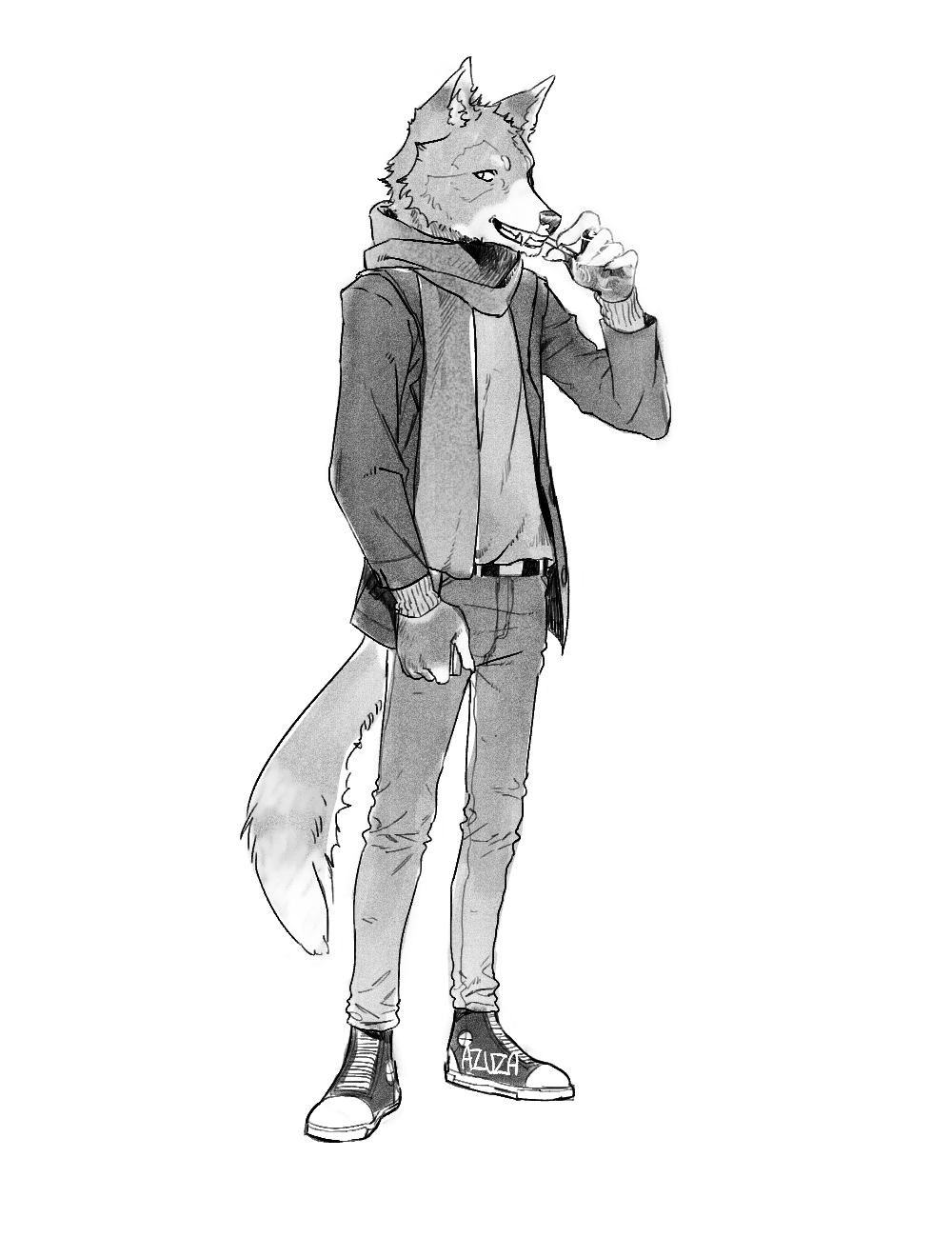 anthro azuza belt canid cheek_tuft cigarette cigarette_in_mouth clothed clothing facial_tuft fangs footwear full-length_portrait greyscale grin head_tuft hi_res jacket male mammal monochrome portrait scarf shoes signature simple_background smile solo standing teeth topwear tuft