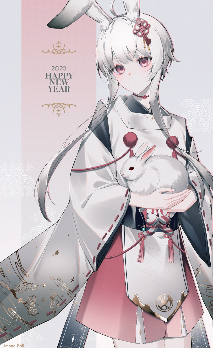 1girl 2023 :o albino animal animal_ear_fluff animal_ears chinese_zodiac cowboy_shot flower_knot hair_ribbon happy_new_year highres holding holding_animal japanese_clothes long_sleeves looking_at_viewer original parted_lips rabbit rabbit_ears red_eyes red_ribbon red_skirt ribbon ribbon-trimmed_sleeves ribbon_trim short_hair_with_long_locks sidelocks skirt solo tassel umeno_shii white_hair wide_sleeves year_of_the_rabbit