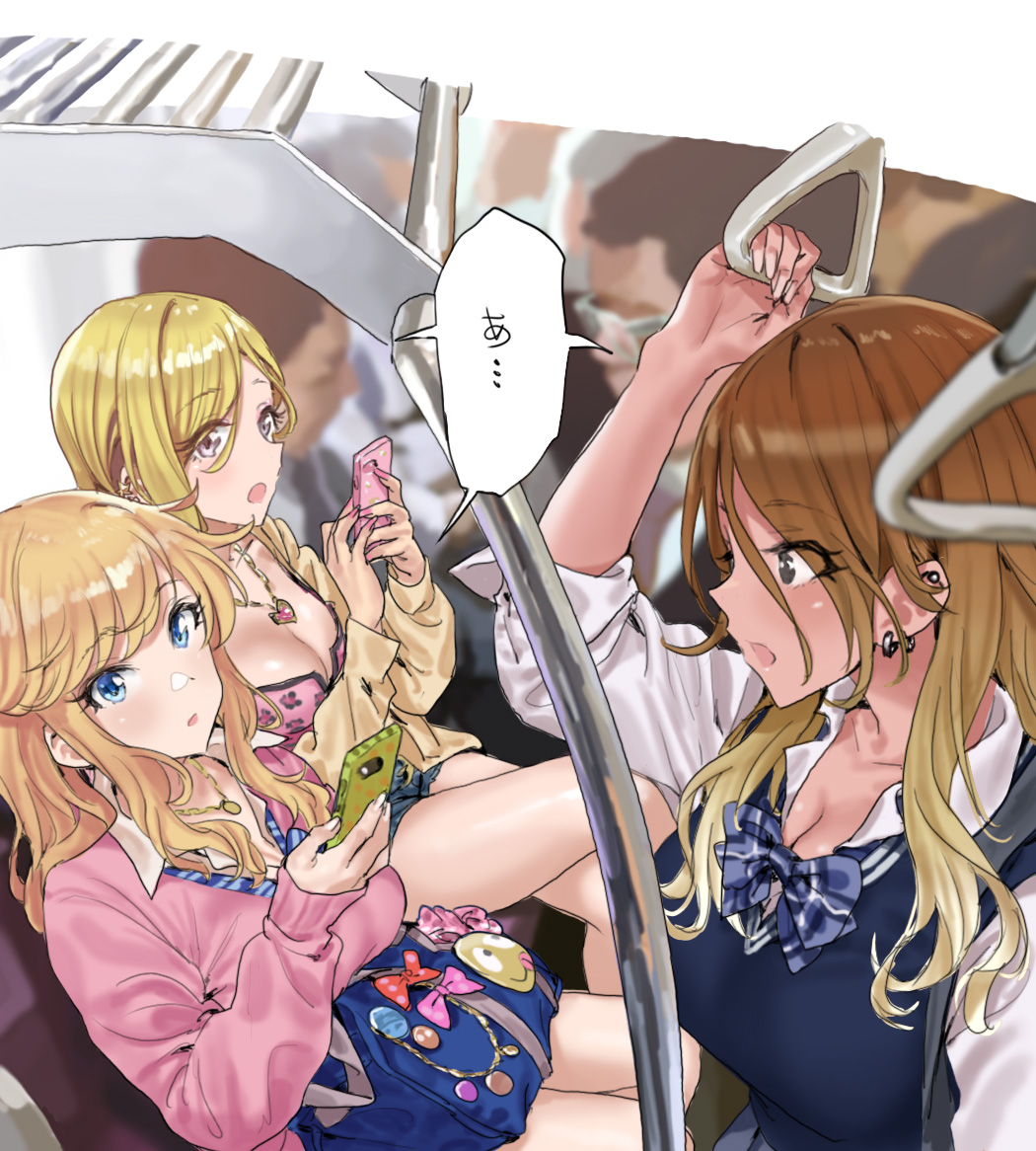 2boys 3girls bag blonde_hair blue_vest breasts brown_hair cardigan cleavage collarbone crossed_legs dark-skinned_female dark_skin facing_another fujimoto_rina gradient_hair gyaru hamedoragon holding holding_phone idolmaster idolmaster_cinderella_girls idolmaster_shiny_colors izumi_mei kogal large_breasts looking_at_another medium_breasts multicolored_hair multiple_boys multiple_girls ohtsuki_yui phone pink_cardigan school_bag school_uniform sitting speech_bubble train_interior vest