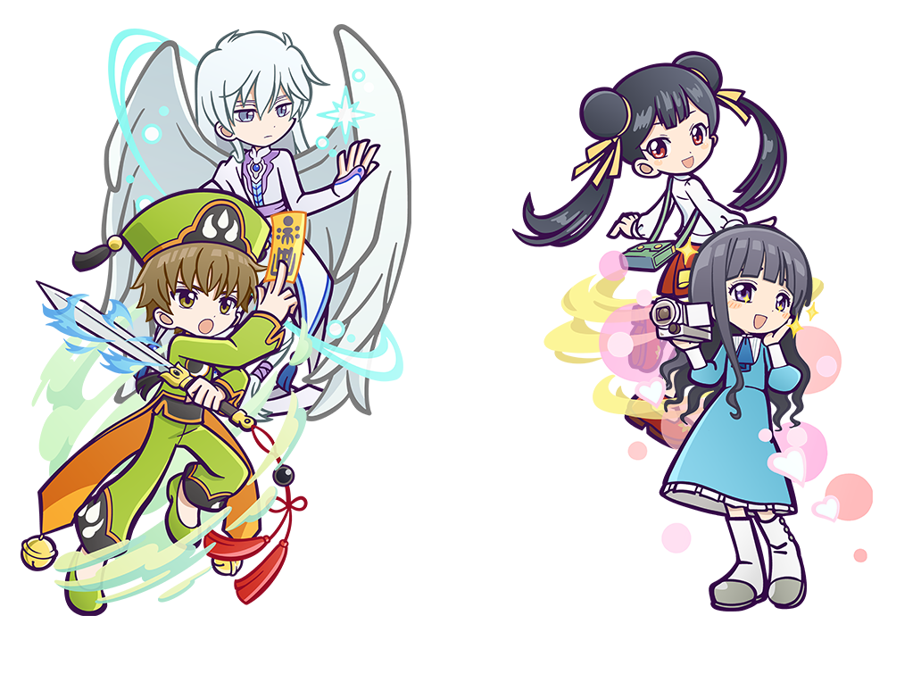 2boys 2girls ascot bag bangs bell black_hair blue_ascot blue_dress blue_eyes blunt_bangs blush boots brown_eyes brown_hair cardcaptor_sakura casual chinese_clothes daidouji_tomoyo double_bun dress expressionless frilled_dress frills green_footwear green_headwear green_pants green_shirt hair_bun hand_on_own_cheek hand_on_own_face heart holding holding_camcorder holding_paper holding_sword holding_weapon li_meiling li_xiaolang long_hair looking_at_viewer multiple_boys multiple_girls official_art ofuda open_mouth pants paper pleated_skirt purple_eyes puyopuyo puyopuyo_quest red_eyes red_footwear red_skirt shirt short_hair shoulder_bag skirt smile sparkle spinning sword tassel twintails wavy_hair weapon white_footwear white_hair white_shirt wings yue_(cardcaptor_sakura)