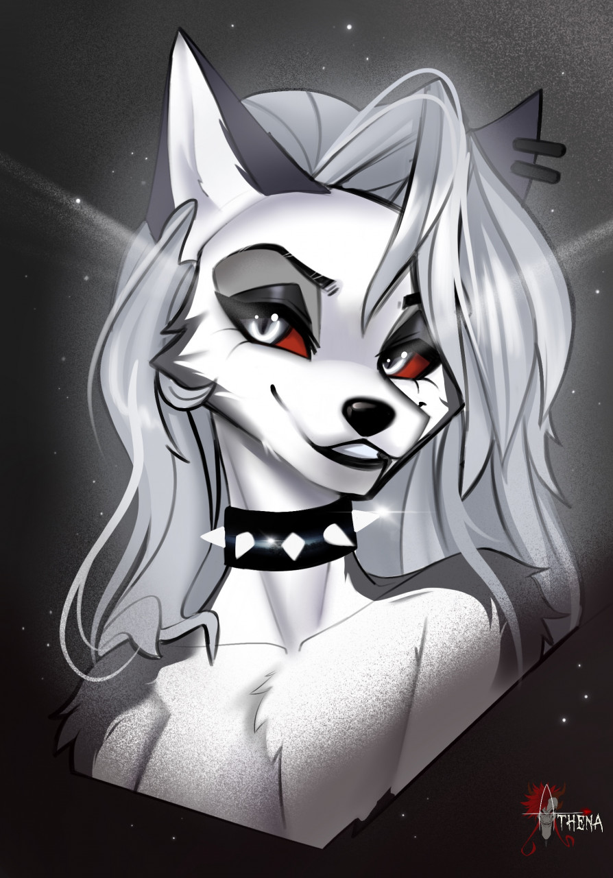 2022 anthro athena0023 black_body black_fur black_lips black_nose canid canid_demon canine canis clenched_teeth collar demon ear_piercing eyebrows eyelashes eyeshadow female fur grey_body grey_fur hair hellhound helluva_boss hi_res lips long_hair looking_at_viewer loona_(helluva_boss) makeup mammal multicolored_body multicolored_fur piercing portrait pupils red_sclera simple_background slit_pupils smile smiling_at_viewer solo spiked_collar spikes teeth watermark white_body white_eyes white_fur white_hair wolf