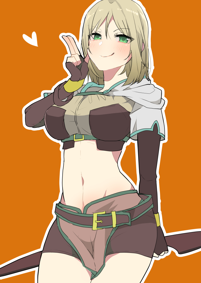 1girl bangs blonde_hair blush bow_(weapon) breasts brown_gloves brown_shirt brown_skirt closed_mouth commentary_request commission cowboy_shot crop_top elbow_gloves fingerless_gloves fuurin_kingyou gloves green_eyes heart holding holding_bow_(weapon) holding_weapon hunter_(ragnarok_online) large_breasts looking_at_viewer midriff miniskirt navel orange_background outline ragnarok_online shirt short_hair short_shorts short_sleeves shorts shorts_under_skirt simple_background skeb_commission skirt smile solo two-tone_shirt weapon white_outline