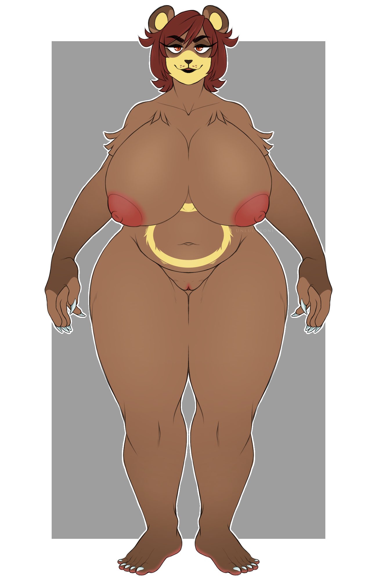 anthro areola bear big_breasts breasts brown_body brown_fur brown_hair eyelashes eyelids female fur generation_2_pokemon genitals hair hi_res huge_breasts looking_at_viewer mammal mature_female nintendo nipples pokemon pokemon_(species) pussy simple_background solo standing thick_thighs unluckyoni ursaring wide_hips