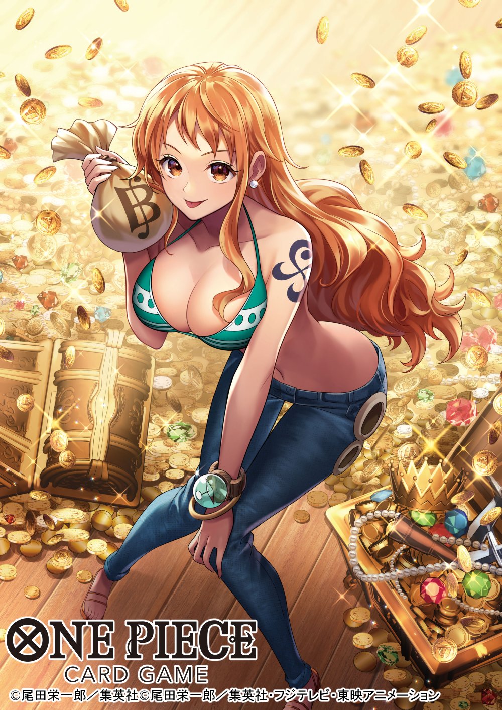 1girl bent_over bikini bikini_top_only bracelet breasts cleavage coin copyright_name crown denim earrings english_text gem gold gold_coin hand_on_own_knee highres holding jeans jewelry koushi_rokushiro large_breasts long_hair moneybag nami_(one_piece) navel necklace official_art one_piece orange_eyes orange_hair pants pearl_earrings pearl_necklace sandals shoulder_tattoo solo sparkle swimsuit tattoo tongue tongue_out translation_request treasure_chest weapon wooden_floor