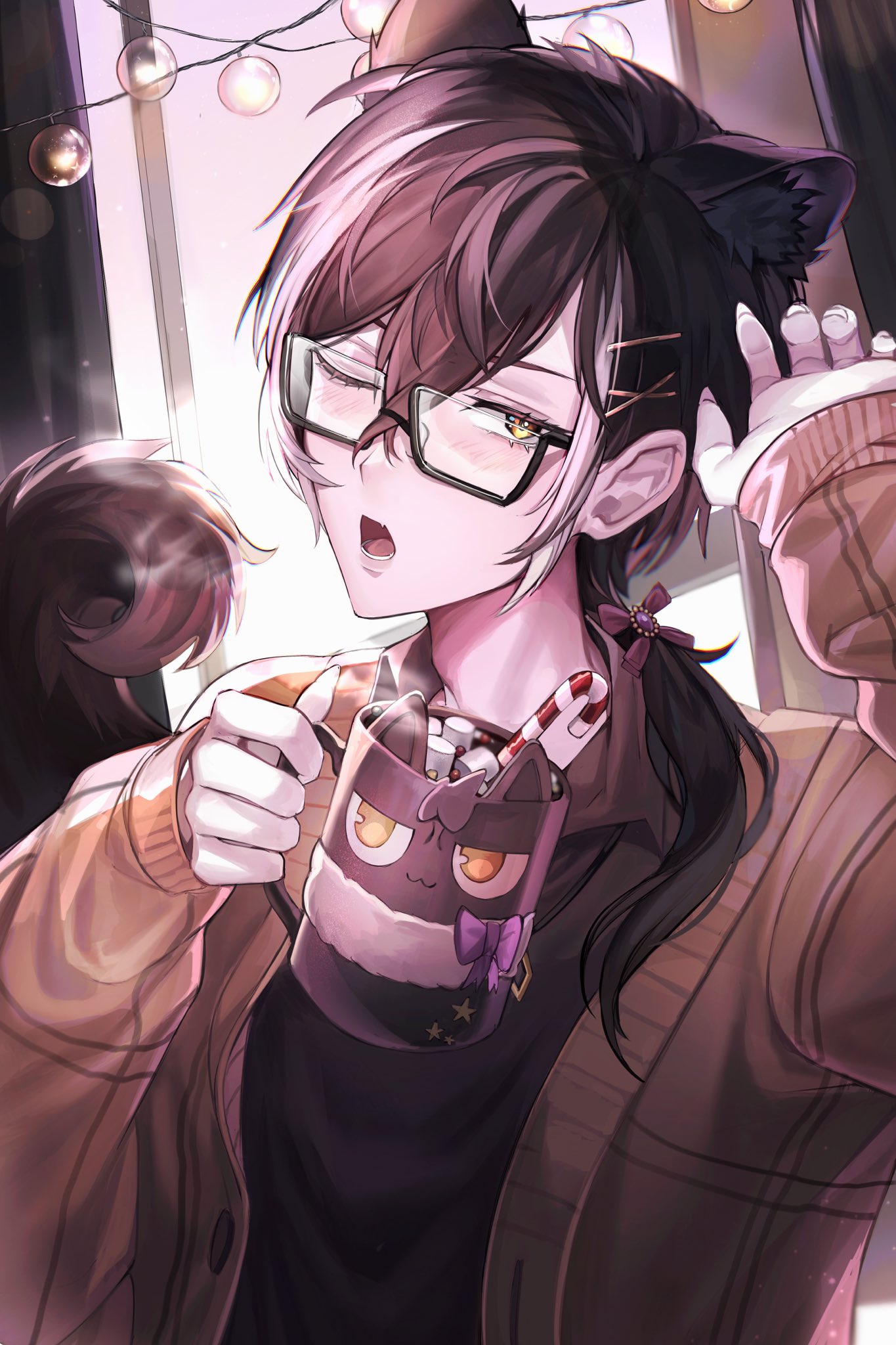 1boy ;o animal_ears bespectacled black-framed_eyewear black_hair black_shirt bow brown_cardigan candy candy_cane cardigan collared_shirt cup curtains fang fingernails food glasses hair_between_eyes hair_bow hair_ornament hairclip hand_up highres holding holding_cup holostars hot_chocolate jackal_boy jackal_ears jackal_tail jewelry kageyama_shien lens_flare long_hair looking_at_viewer low_ponytail lower_teeth_only marshmallow mellowone mug multicolored_hair necklace nekoyama_shien official_alternate_costume one_eye_closed purple_bow semi-rimless_eyewear sharp_fingernails shirt skin_fang sleeves_past_wrists solo steam string_of_light_bulbs tail teeth themed_object two-tone_hair upper_body virtual_youtuber white_hair window yellow_eyes