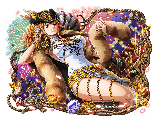 1girl brown_eyes coin fireworks gem gold hat nami_(one_piece) official_art one_piece one_piece_treasure_cruise orange_hair red_gemstone solo solo_focus