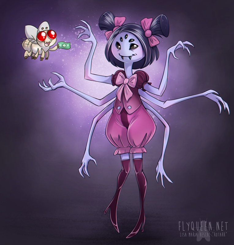 anthro arachnid arthropod black_hair bow_ribbon clothing dipteran dress duo fangs female feral footwear hair high_heels insect leggings legwear money muffet multi_arm multi_limb red_eyes rotarr rotarr_(character) spider teeth undertale undertale_(series)