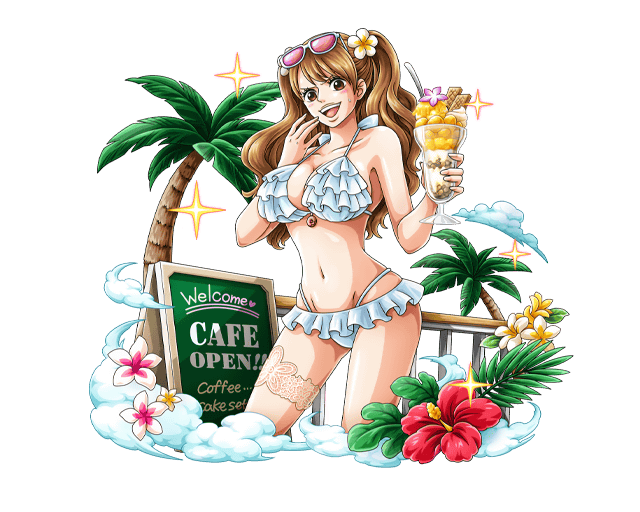 1girl bikini brown_hair charlotte_pudding eyewear_on_head flower hair_flower hair_ornament hibiscus official_art one_piece one_piece_treasure_cruise open_mouth palm_tree red_flower sunglasses swimsuit teeth tree twintails upper_teeth_only