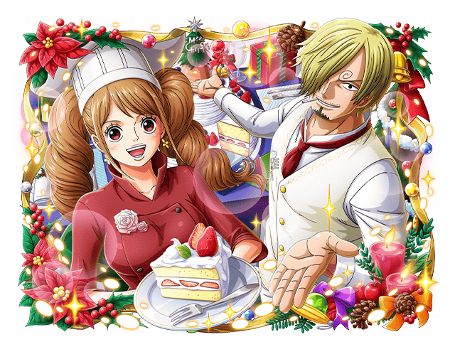 1boy 1girl bell blonde_hair brown_eyes brown_hair cake cake_slice candle charlotte_pudding cigarette flower food fruit gift hair_over_one_eye holding holding_plate looking_at_viewer necktie official_art one_piece one_piece_treasure_cruise open_mouth plate red_flower red_necktie sanji_(one_piece) smoking strawberry teeth tray twintails