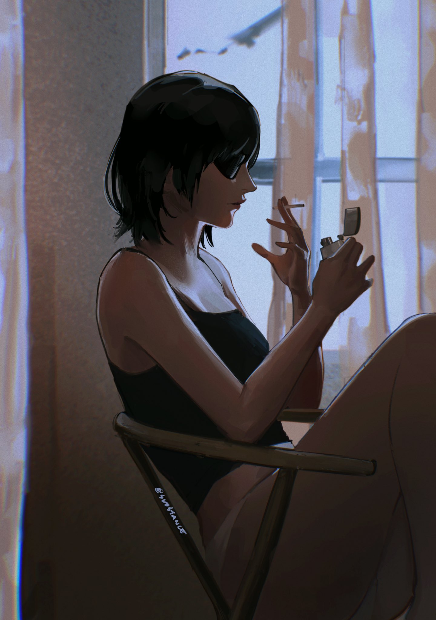 1girl black_camisole black_hair camisole chainsaw_man cigarette crop_top curtains dark eyepatch facing_to_the_side feet_on_chair highres himeno_(chainsaw_man) holding holding_cigarette holding_lighter lighter parted_lips short_hair sitting solo sudstance twitter_username