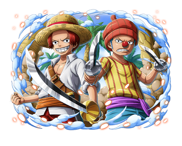 2boys beanie blue_hair buggy_the_clown grin hat holding holding_sword holding_weapon male_focus multiple_boys official_art one_piece one_piece_treasure_cruise palm_tree red_hair red_nose shanks_(one_piece) smile straw_hat sword teeth tree weapon